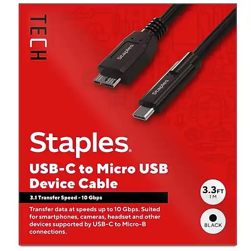 Order Now Staples TECH 3.3 ft. USB-C to Micro USB Type-B Audio/Video Cable, Male to Male, Black (ST62445)