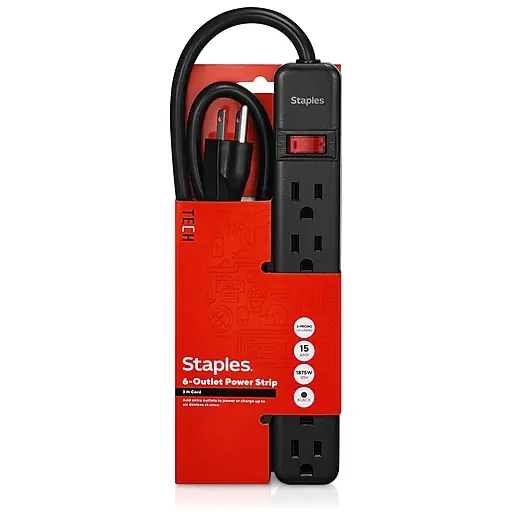 Staples TECH 6-Outlet Power Strip, 3' Cord, Black (22148) Buy Online