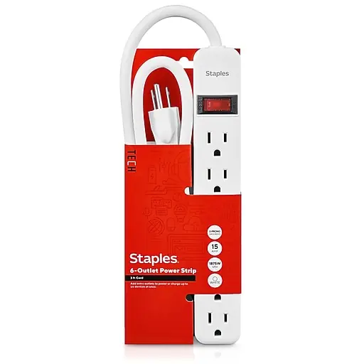 Limited Edition Staples TECH 6-Outlet Power Strip, 3' Cord, White (22147)
