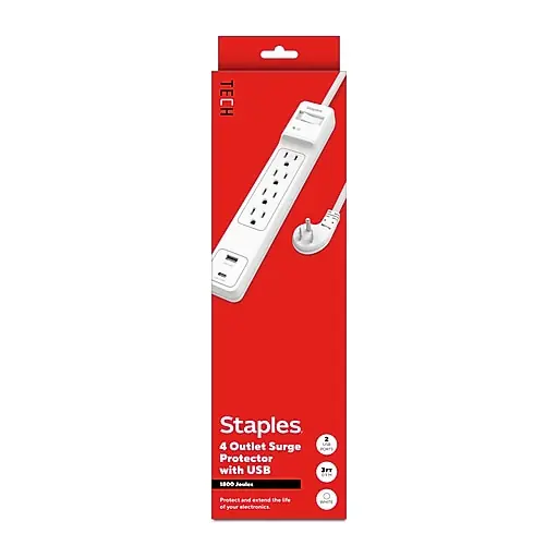 Staples TECH 4-Outlet 2-USB Port Surge Protector, 3', 1800 Joules, White (ST62773) Limited Offer