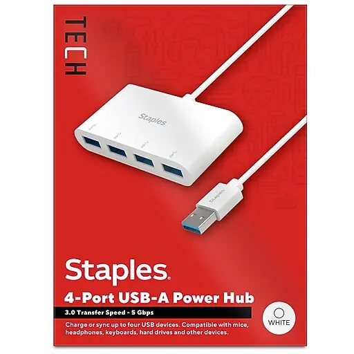Staples TECH 4-Port USB 3.0 Hub, White (ST62380) Fresh Stock