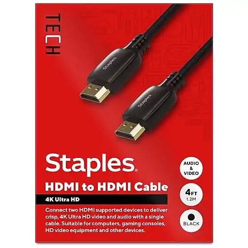 Final Sale Staples TECH 4 ft. HDMI to HDMI Audio/Video Cable, Male to Male, Black (ST62468)