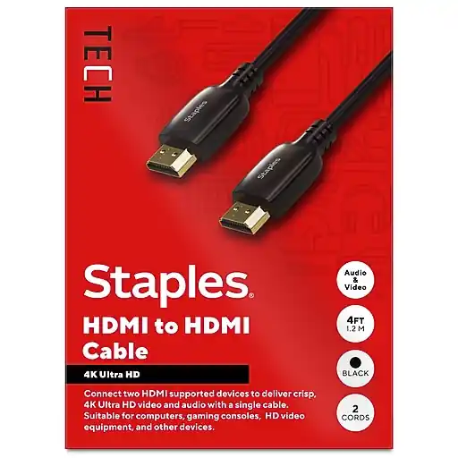 Staples TECH 4 ft. HDMI to HDMI Audio/Video Cable, Male to Male, Black, 2/Pack (ST62478) Premium