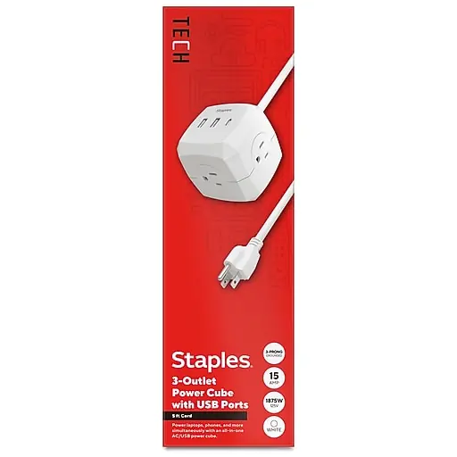 Staples TECH 5' Extension Cord, 3-Outlet, 14 AWG, White (ST62348) Last Chance