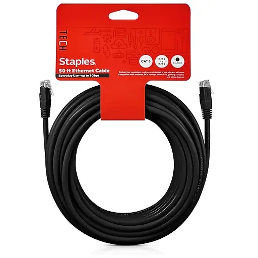 Express Delivery Staples TECH 50' Cat-6 Ethernet Cable, Male to Male, Black (ST62448)