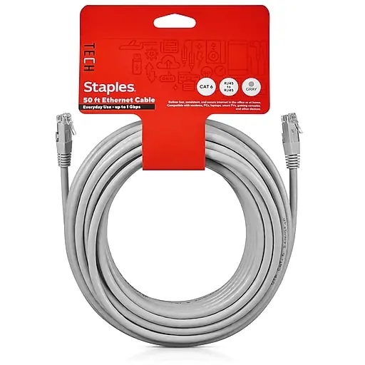 Bargain Staples TECH 50' Cat-6 Ethernet Cable, Male to Male, Gray (ST62447)