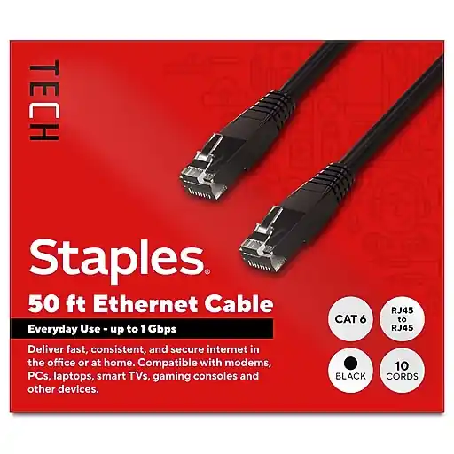 Hassle-Free Returns Staples TECH 50 ft. Cat-6 Ethernet Cable, Male to Male, Black, 10/Pack (ST62459)