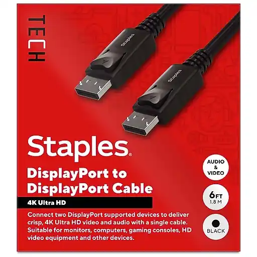 Staples TECH 6 ft. DisplayPort to DisplayPort Audio/Video Cable, Male to Male, Black (ST62469) Cheap