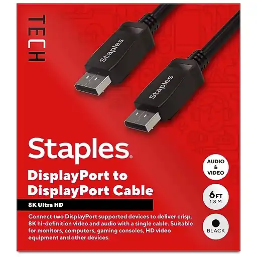 Bulk Order Staples TECH 6 ft. DisplayPort to DisplayPort Audio/Video Cable, Male to Male, Black (ST62474)
