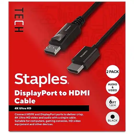 Staples TECH 6 ft. Display Port to HDMI Audio/Video Cable, Male to Male, Black, 2/Pack (ST62466-VB) New Arrival