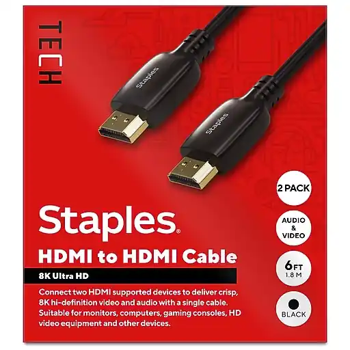 Staples TECH 6 ft. HDMI to HDMI Audio/Video Cable, Male to Male, Black, 2/Pack (ST62477-VB) No Minimum Order