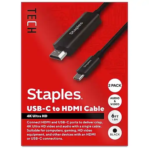 Factory Price Staples TECH 6 ft. USB-C to HDMI Audio/Video Cable, Male to Male, Black, 2/Pack (ST62472-VB)