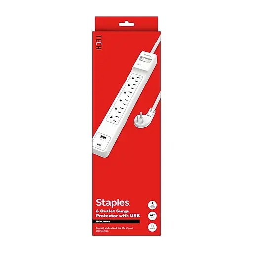 Staples TECH 6-Outlet 2-USB Port Surge Protector, 6', 1800 Joules, White (ST62777) Fresh Stock