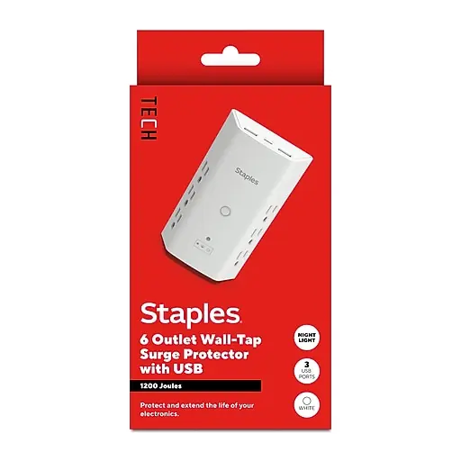 While Supplies Last Staples TECH 6-Outlet 3-USB Port Surge Protector, 1200 Joules, White (ST62778)