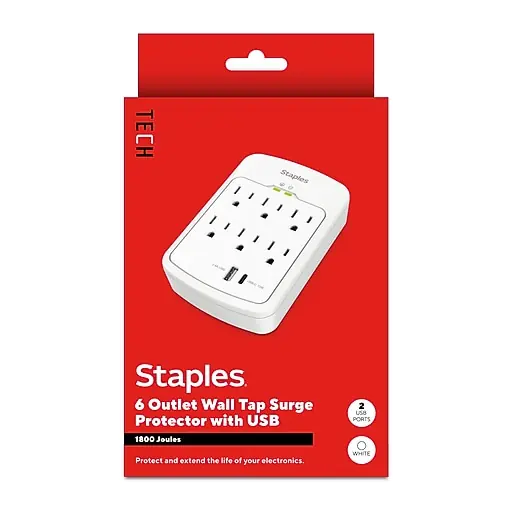Hot Deal Staples TECH 6-Outlet 2-USB Port Surge Protector, 1800 Joules, White (ST62764)