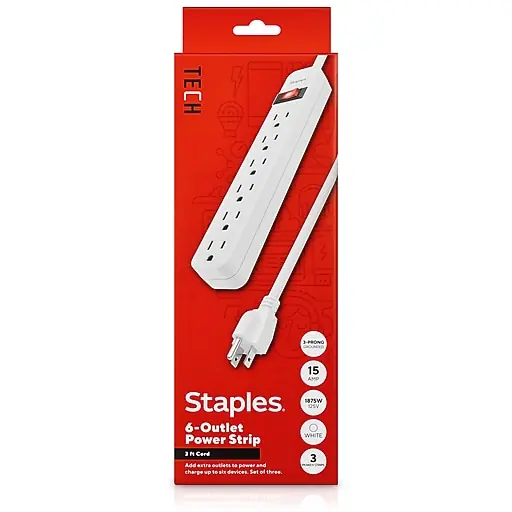 Staples TECH 6-Outlet Power Strip, 3' Cord, White,3/Pack (42319) Time-Limited