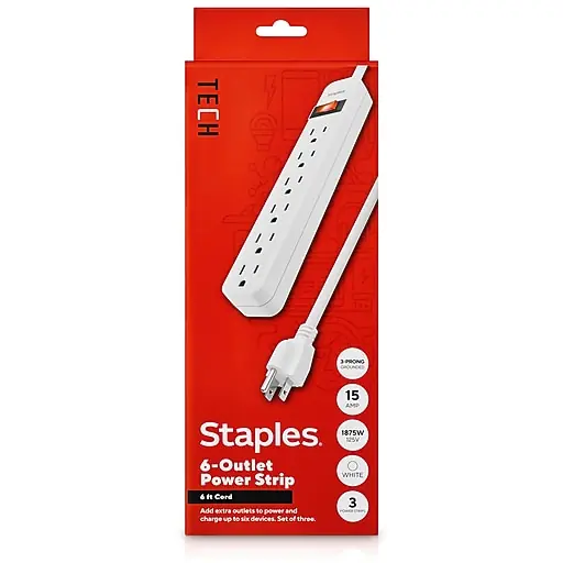 Price Cut Staples TECH 6-Outlet Power Strip, 6' Cord, White, 3/Pack (42320)