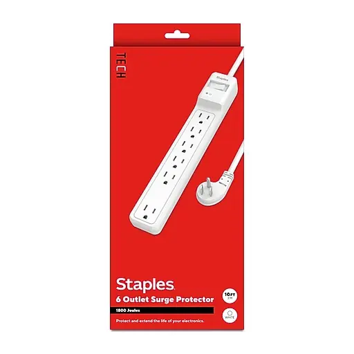 Budget Staples TECH 6-Outlet Surge Protector, 10', 1800 Joules, White (ST62781)
