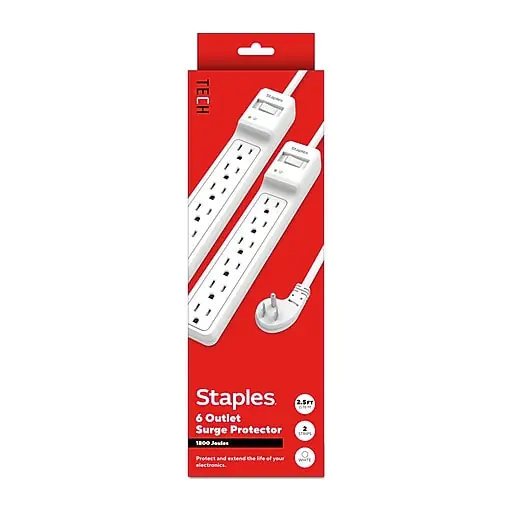 Staples TECH 6-Outlet Surge Protector, 2.5', 1800 Joules, White, 2/Pack (ST62763) Don’t Miss Out