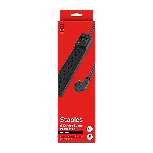 Staples TECH 6-Outlet Surge Protector, 4', 1800 Joules, Black (ST62766) Crafted