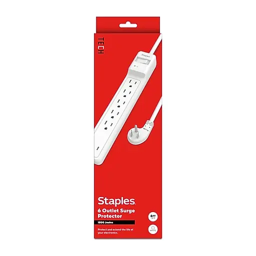 Staples TECH 6-Outlet Surge Protector, 6', 1800 Joules, White (ST62780) Shop Now
