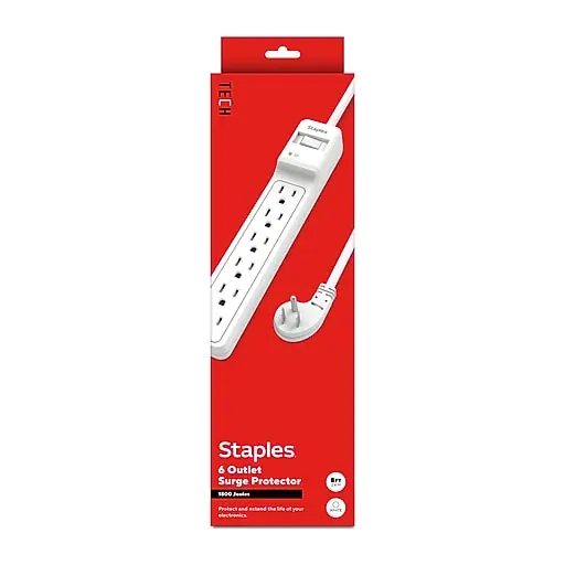Staples TECH 6-Outlet Surge Protector, 8', 1800 Joules, White (ST62767) Affordable