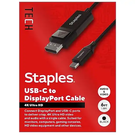 Staples TECH 6 ft. USB-C to DisplayPort Audio/Video Cable, Male to Male, Black (ST62471) In Demand