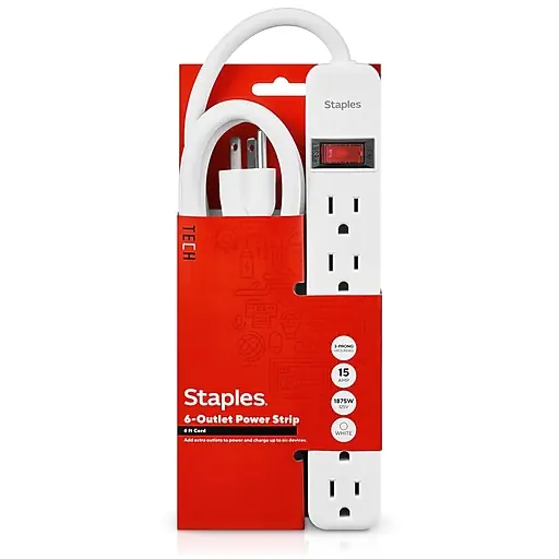 Staples TECH 6-Outlet Power Strip, 6' Cord, White (17651) Discount
