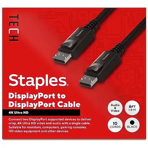 Crafted Staples TECH 6 ft. DisplayPort to DisplayPort Audio/Video Cable, Male to Male, Black, 10/Pack (ST62475)