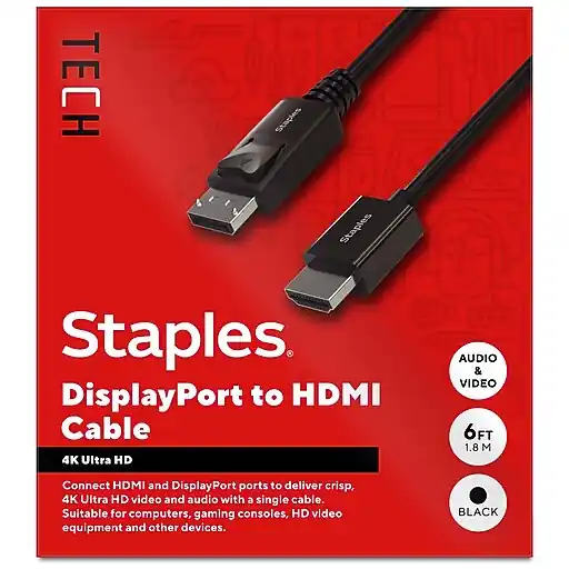 Staples TECH 6 ft. DisplayPort to HDMI Audio/Video Cable, Male to Male, Black (ST62466) Best Choice