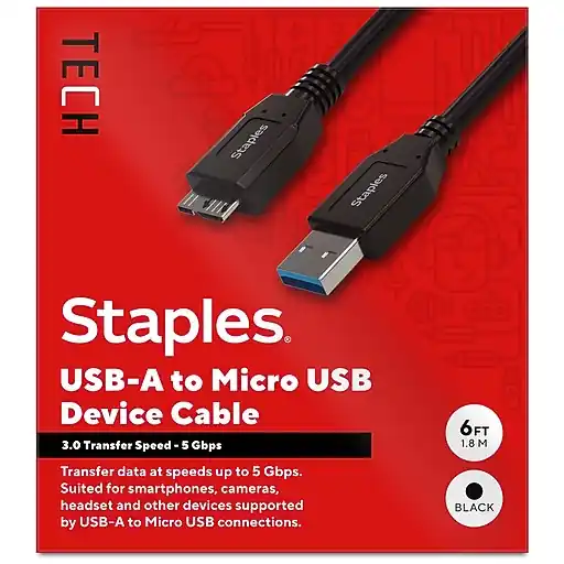 Next Day Delivery Staples TECH 6 ft. USB-A to Micro USB Type B Cable, Male to Male, Black (ST62441)