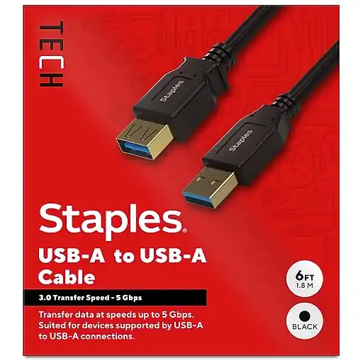 Staples TECH 6 ft. USB-A to USB-A Cable, Male to Male, Black (ST62442) Fresh Stock