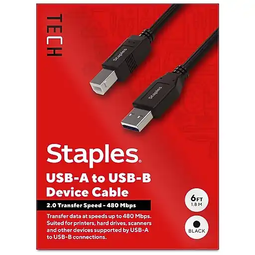 Staples TECH 6 ft. USB-A to USB-B 2.0 Cable, Male to Male, Black (ST62438) Affordable