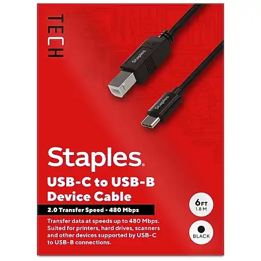 Weekend Sale Staples TECH 6 ft. USB-C to USB-B 2.0 Cable, Male to Male, Black (ST62444)