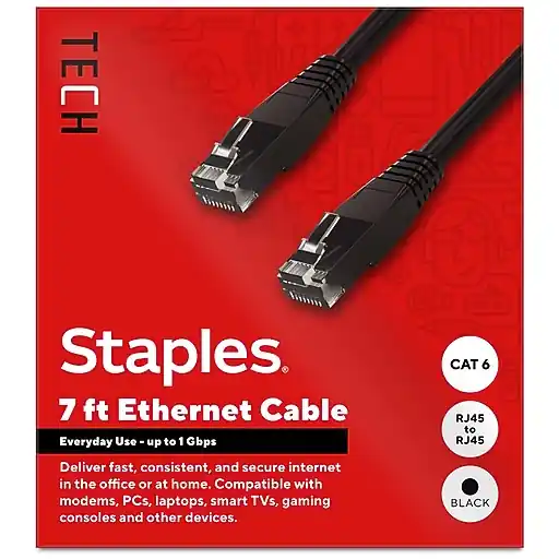 Staples TECH 7 ft. Cat-6 Ethernet Cable, Male to Male, Black (ST62458) Place Order