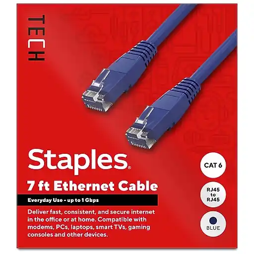 Staples TECH 7 ft. Cat-6 Ethernet Cable, Male to Male, Blue (ST62454) Viral