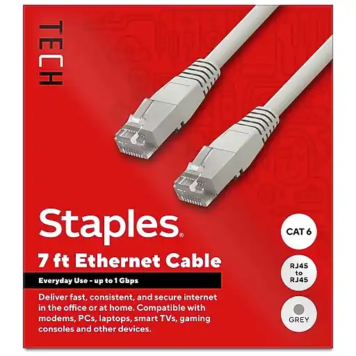Brand New Staples TECH 7 ft. Cat-6 Ethernet Cable, Male to Male, Gray (ST62453)