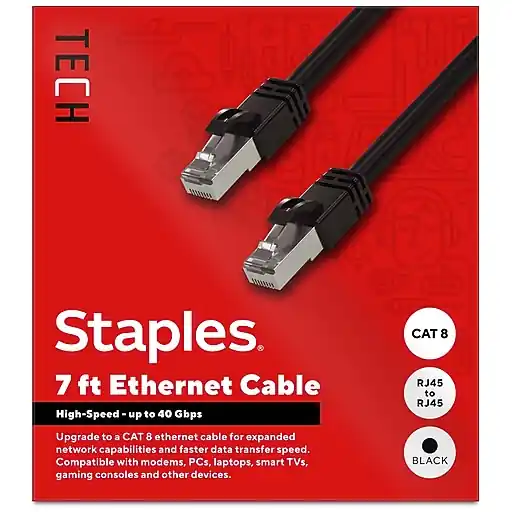 Staples TECH 7 ft. Cat-8 Ethernet Cable, Male to Male, Black (ST62463) Today Only