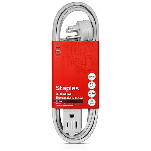 Staples TECH 8' Extension Cord, 3-Outlet, 16 AWG, Gray (ST22131-CC) Next Day Delivery