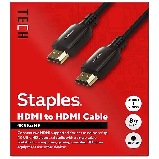 Staples TECH 8 ft. HDMI to HDMI Audio/Video Cable, Male to Male, Black (ST62467) Shop Now