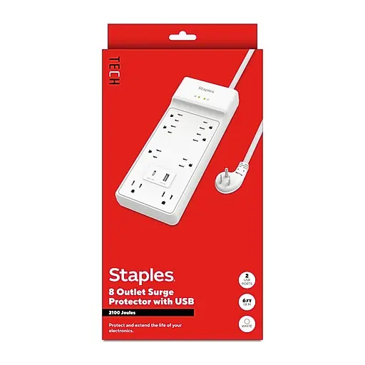 Staples TECH 8-Outlet 2-USB Port Surge Protector, 6', 2100 Joules, White (ST62775) Super Sale