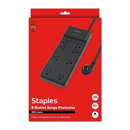 Last Chance Staples TECH 8-Outlet Surge Protector, 12', 4500 Joules, Black (ST62782)