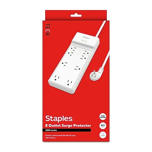 Staples TECH 8-Outlet Surge Protector, 6', 4500 Joules, White (ST62783) Special Offer