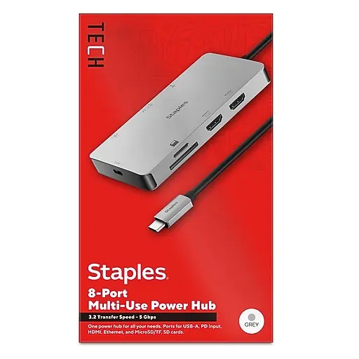 Flash Sale Staples TECH 8-Port Hub, Gray (ST62383)