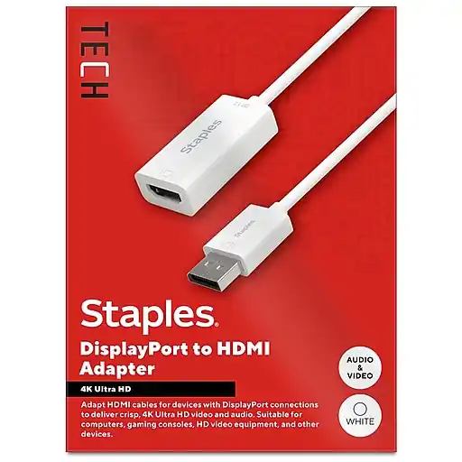 Staples TECH DisplayPort to HDMI Audio/Video Adapter, Male to Female, White (ST62362) Budget