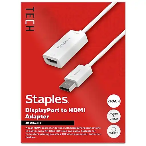 Staples TECH DisplayPort to HDMI Audio/Video Adapter, Male to Female, White, 2/Pack (ST62362-VB) Final Sale