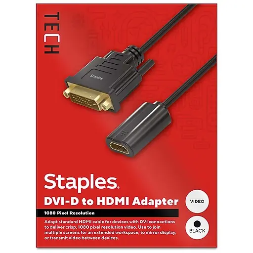 Instant Buy Staples TECH DVI-D to HDMI Audio/Video Adapter, Male to Female, Black (ST62359)