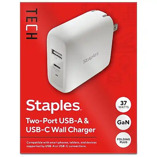No Minimum Order Staples TECH GaN USB-A/USB-C Wall Charger, 37W, White (ST62324-CC)