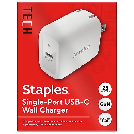 Hot Deal Staples TECH GaN USB-C Wall Charger, 25W, White (ST62323-CC)