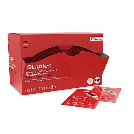 Staples TECH Individually Wrapped Screen Wipes, 200/Pack (ST63058) Limited Offer